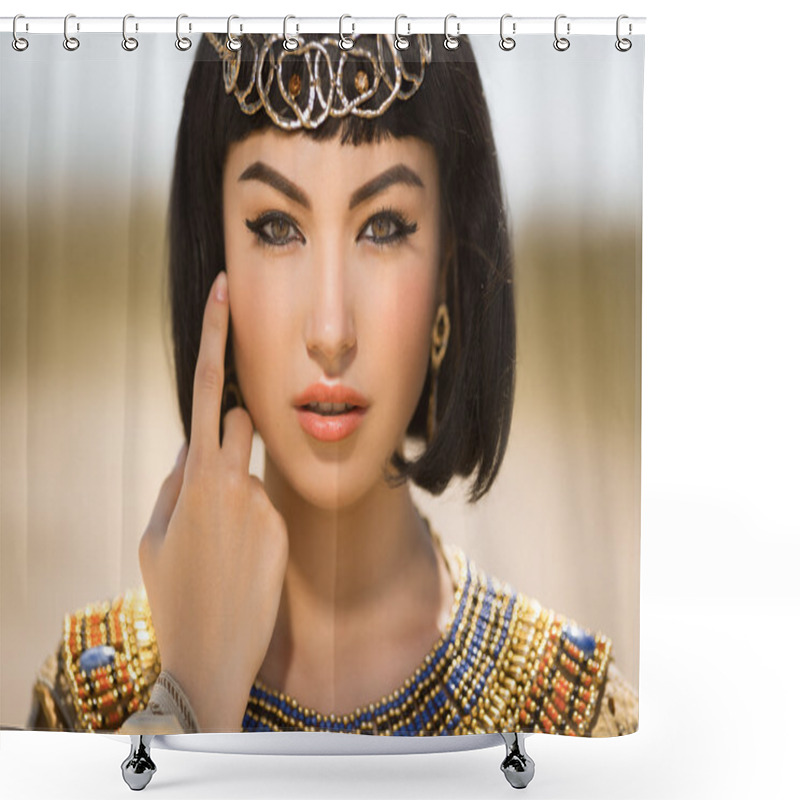 Personality  Beautiful Woman With Fashion Make-up And Hairstyle Like Egyptian Queen Cleopatra Outdoors Against Desert Shower Curtains