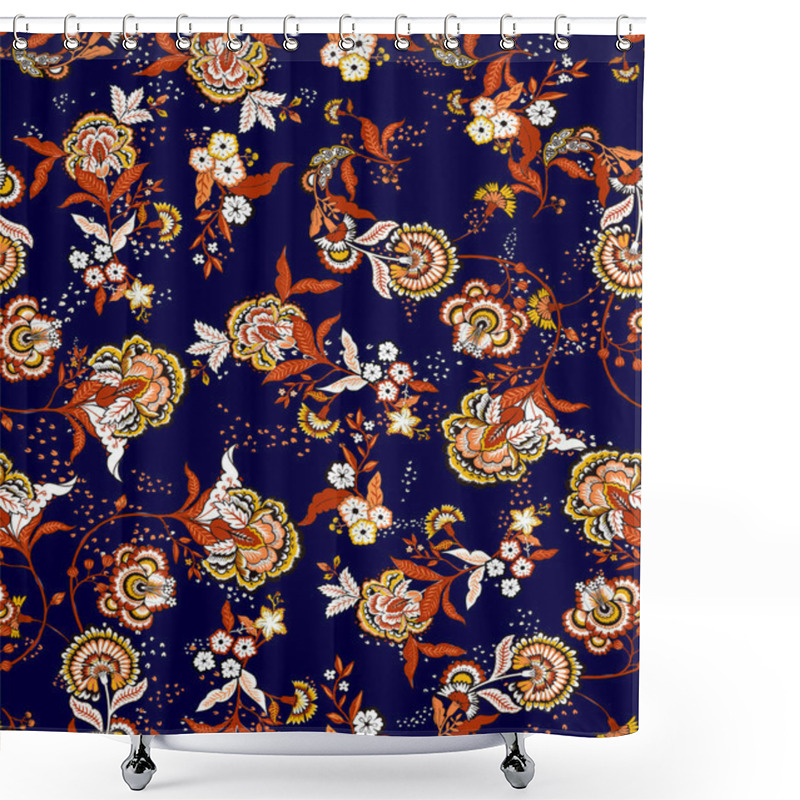 Personality  Colorful Asian Style Floral Pattern. Dark Background Floral Tapestry. Paisley Pattern With Traditional Indian Style, Design For Decoration And Textiles Shower Curtains