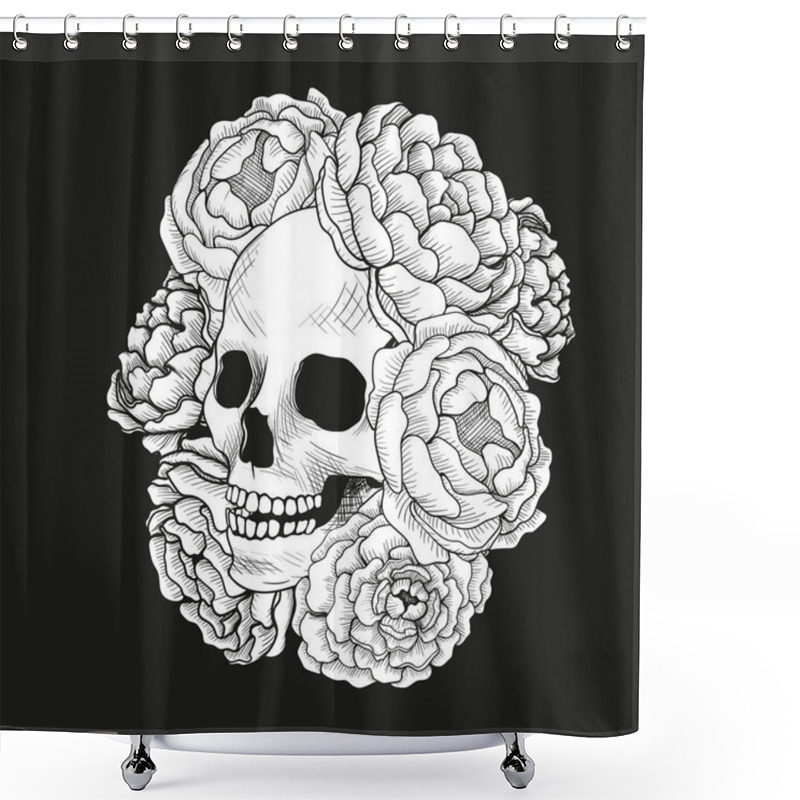 Personality  Black And White Sketch Skull In Peony Flowers. Shower Curtains