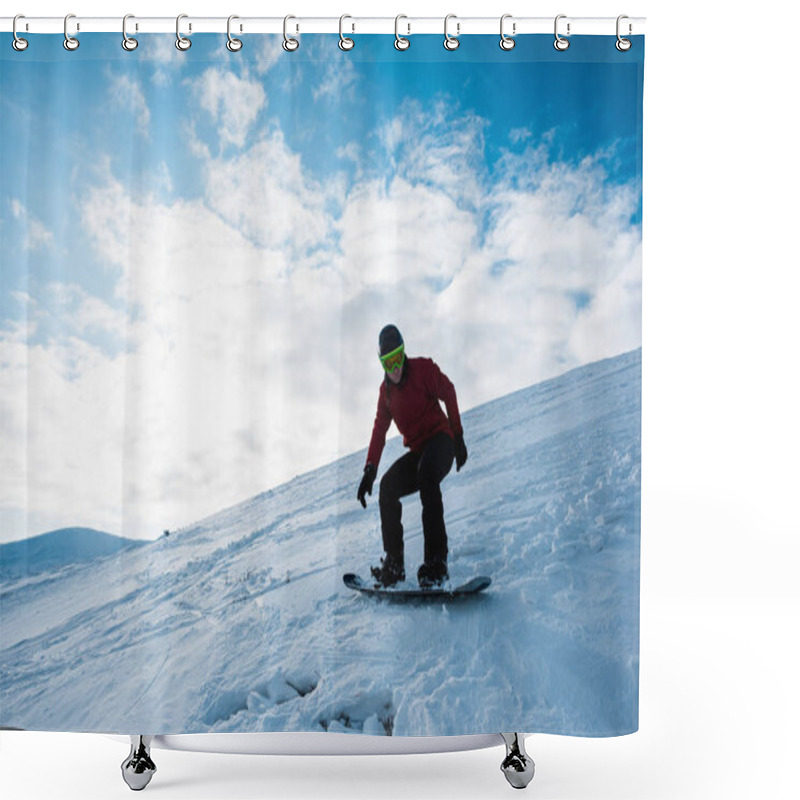 Personality  Athletic Snowboarder Riding On Slope Against Blue Sky In Winter  Shower Curtains