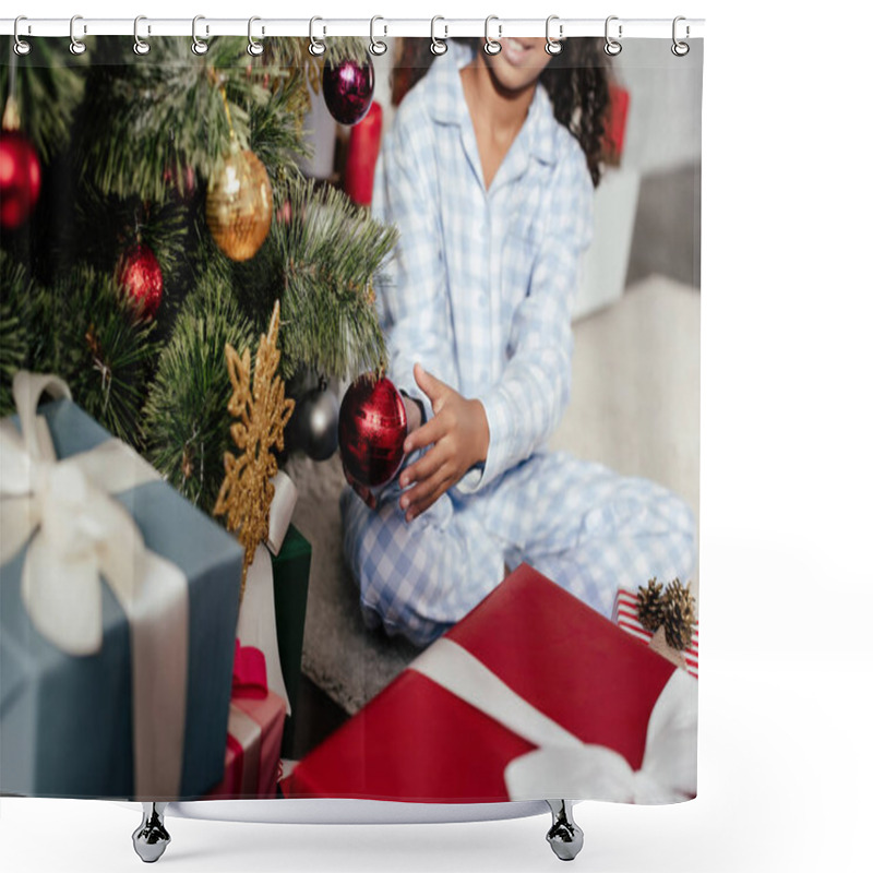 Personality  Cropped Image Of African American Child In Pajamas Decorating Christmas Tree With Toys At Home Shower Curtains