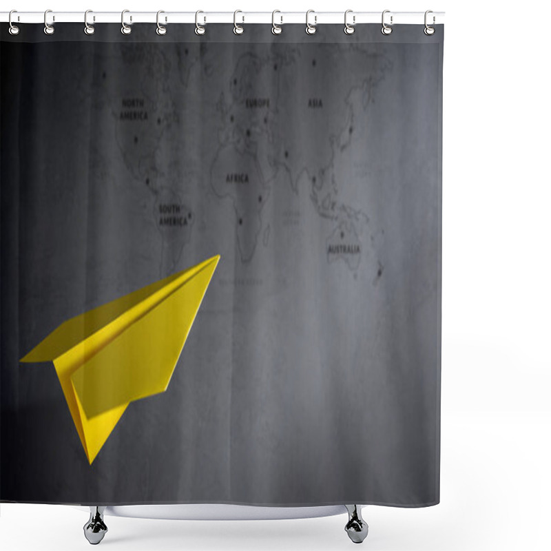 Personality  Travel Concept. Paper Airplanes Flying Over The Cement Wall, Blurred World Map As Background, Dreaming Destination And Planing For The Next Vacation Shower Curtains