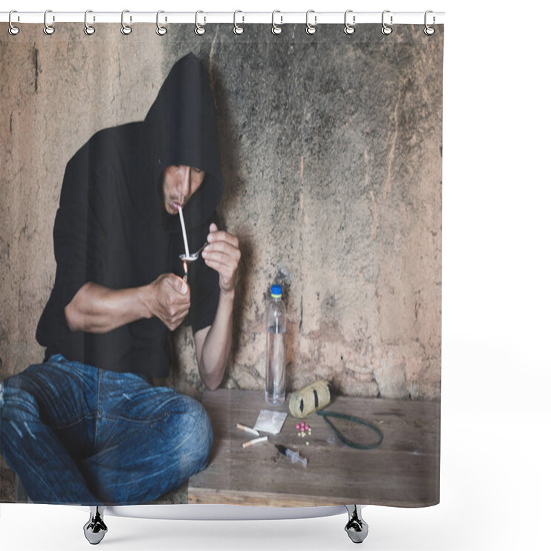 Personality  Man Taking Heroin, Cocaine Or Other Narcotic Substance,  Drug Abuse And Addiction Concept,  26 June International Day Against Drug Abuse. Shower Curtains