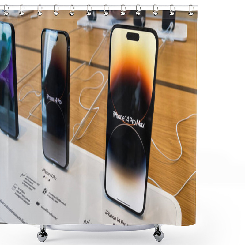 Personality  Bangkok, Thailand - Sep 19, 2022: Apple IPhone 14 Pro Max Smartphone New Models, Demo Display Launch At Apple Store. Modern Mobile Phone Technology Concept Shower Curtains