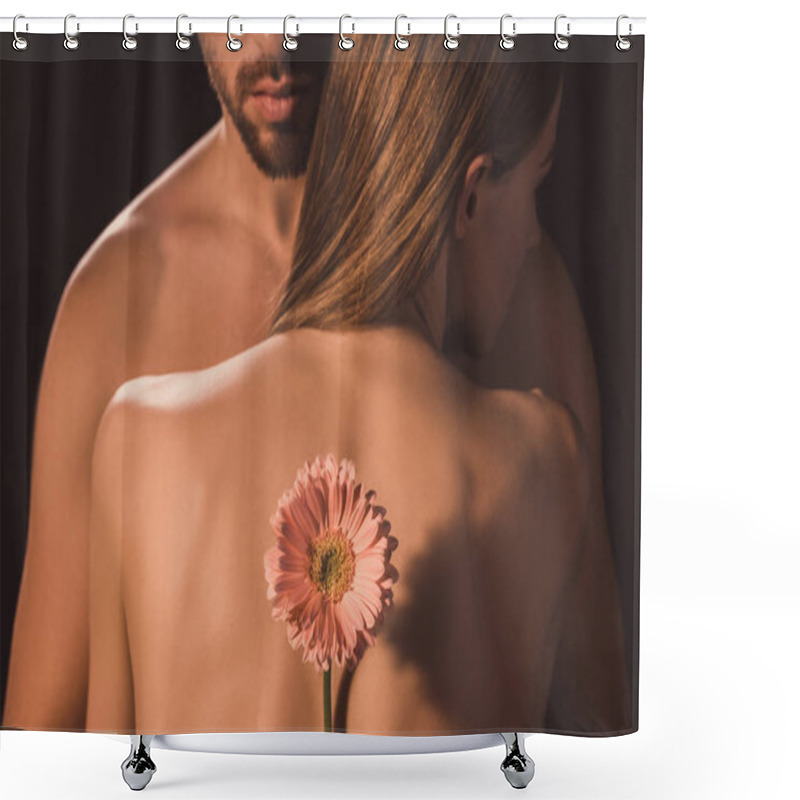 Personality  Back View Of Tender Lovers Hugging And Holding Gerbera Flower, Isolated On Brown  Shower Curtains