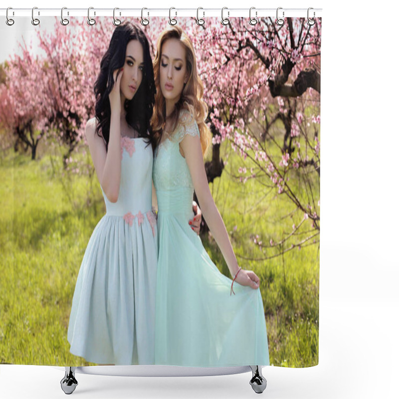 Personality  Gorgeous Young Women In Elegant Dress Posing In Garden With Blossom Peach Trees Shower Curtains