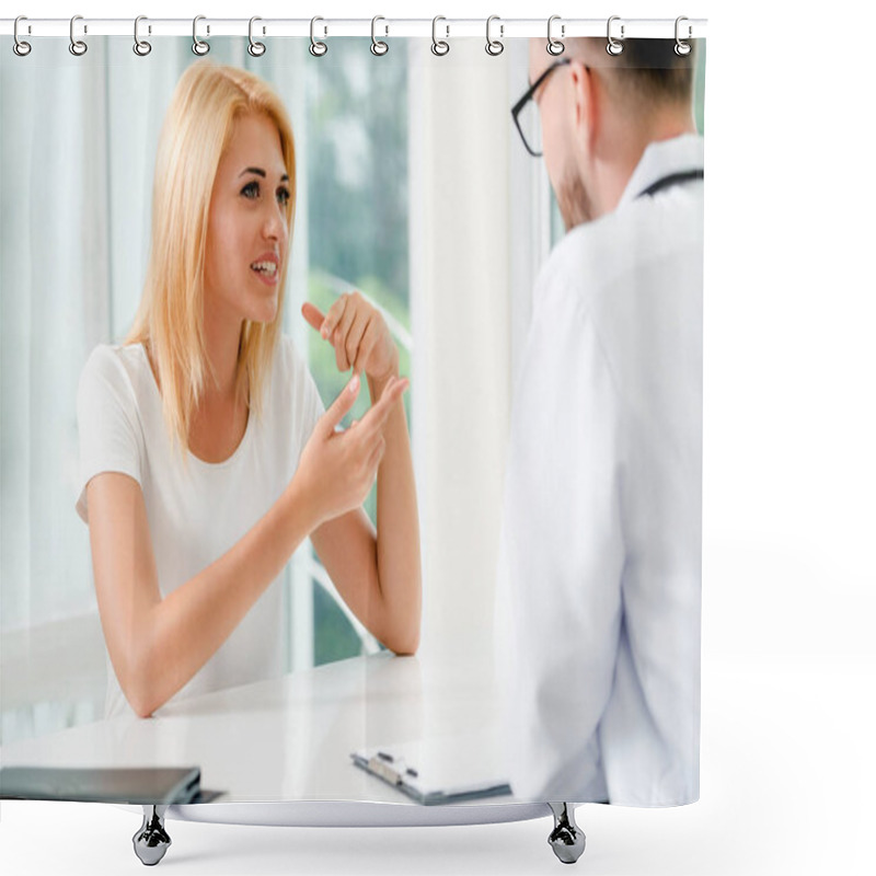 Personality  Male Doctor Is Talking To Female Patient In Hospital Office. Healthcare And Medical Service. Shower Curtains