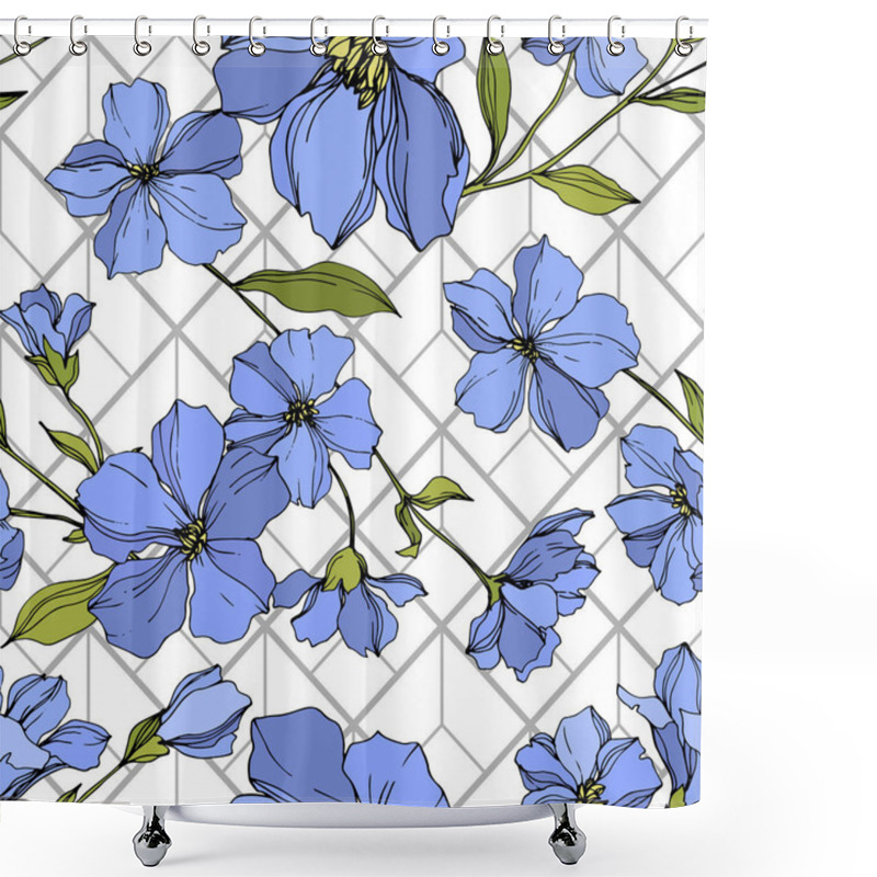 Personality  Vector Flax Floral Botanical Flowers. Blue And Green Engraved Ink Art. Seamless Background Pattern. Shower Curtains