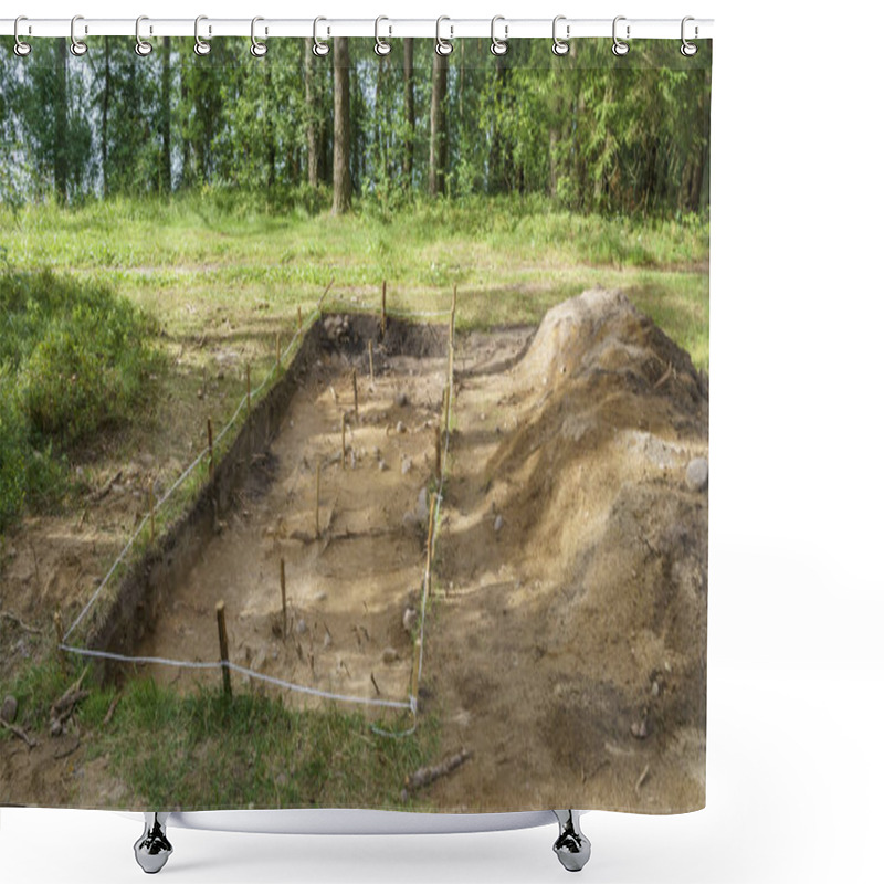 Personality  Archaeological Excavation In A Forest. A Large Plundering Pit Dug By Archaeologist At An Archaeological Site. Legal Historic Excavations. Heritage Concepts. Shower Curtains