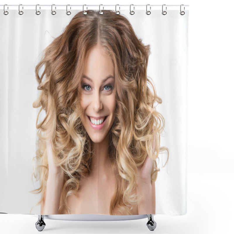 Personality  Portrait Of Beautiful Young Smiling Girl With Luxuriant Hair Curling. Health And Beauty. Shower Curtains