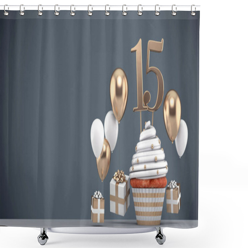 Personality  Number 15 Gold Birthday Cupcake With Balloons And Gifts. 3D Render Shower Curtains