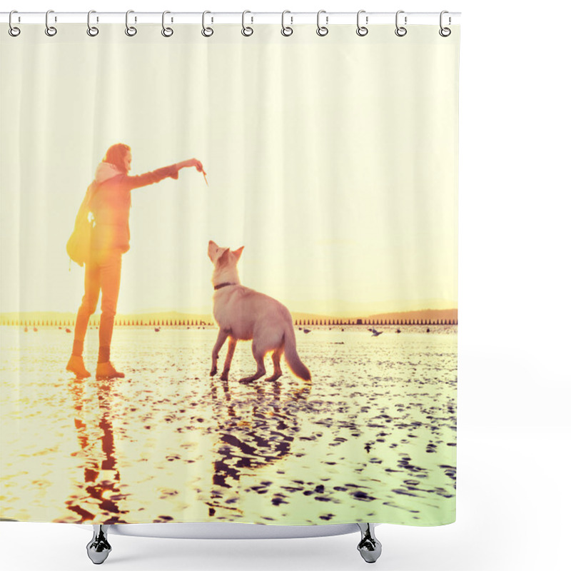 Personality  Hipster Girl Playing With Dog At A Beach During Sunset, Strong Lens Flare Effect Shower Curtains