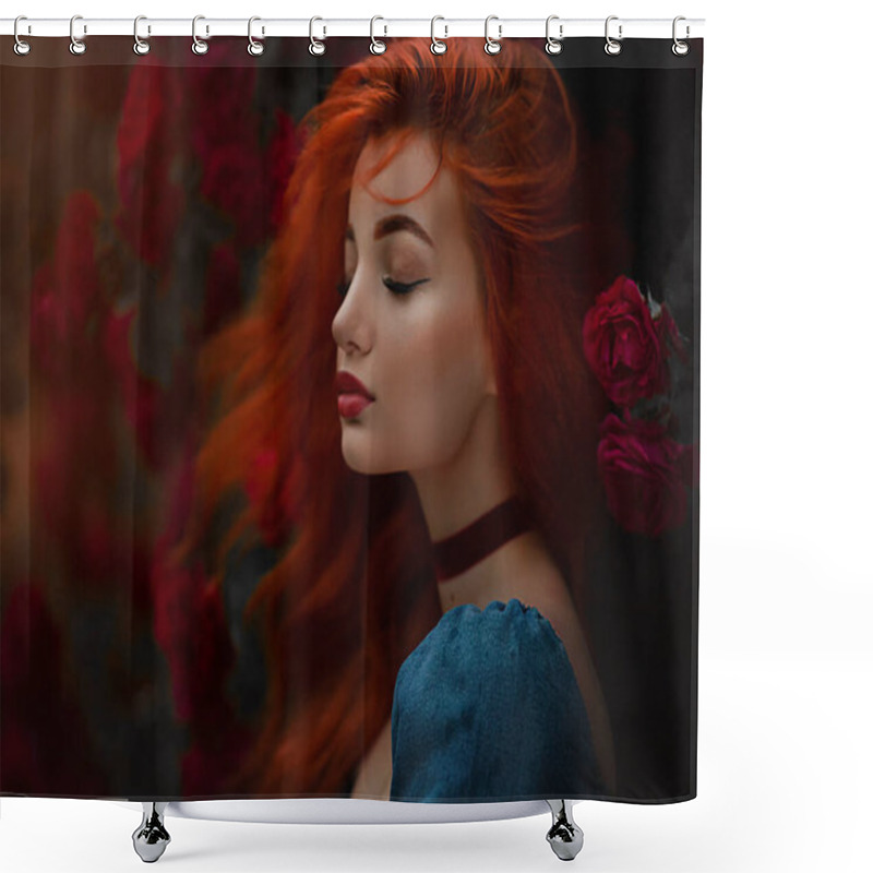 Personality  Portrait Of A Red Haired Girl In Blue Dress. Pretty Young Model Between Red Roses, Wind In The Hair.Art Work. Shower Curtains