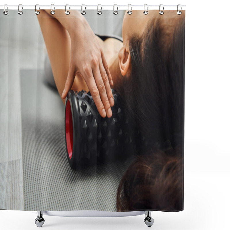 Personality  Cropped View Of Young Brunette Woman Touching Roller Massager While Massaging Neck And Relaxing On Fitness Mat In Living Room At Home, Focus On Self-care And Well-being Concept, Tension Relief Shower Curtains