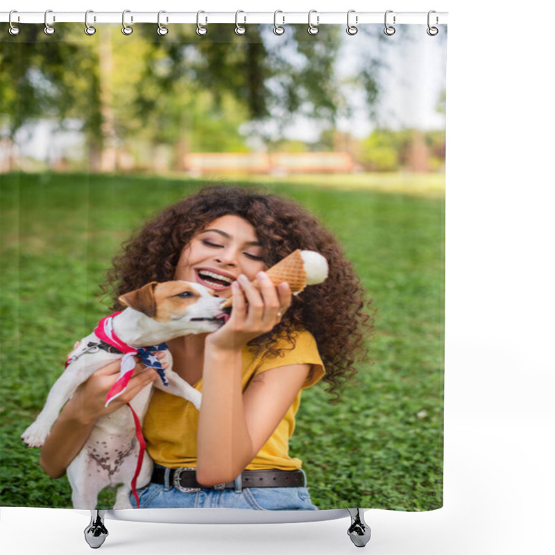 Personality  Selective Focus Of Woman Sitting On Grass With Ice Cream And Holding Dog Shower Curtains