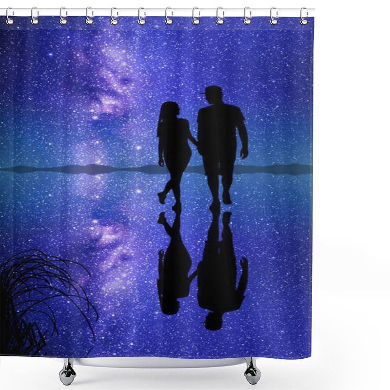 Personality  Couple Walk At Night. Lovers Silhouettes And Milky Way At Starry Sky Shower Curtains