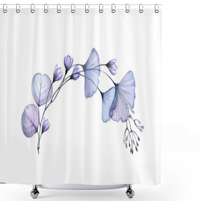 Personality  Watercolor Floral Arch. Blue Branches, Flowers And Leaves. Round Design Element. Transparent Detailed Foliage Isolated On White. Realistic Botanical Illustration For Cards, Wedding Design Shower Curtains