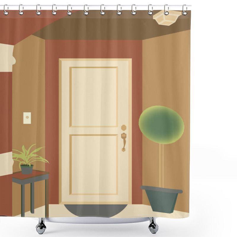 Personality  Abstract Angled Doorway Entrance Into Building With Plants And Mat Shower Curtains