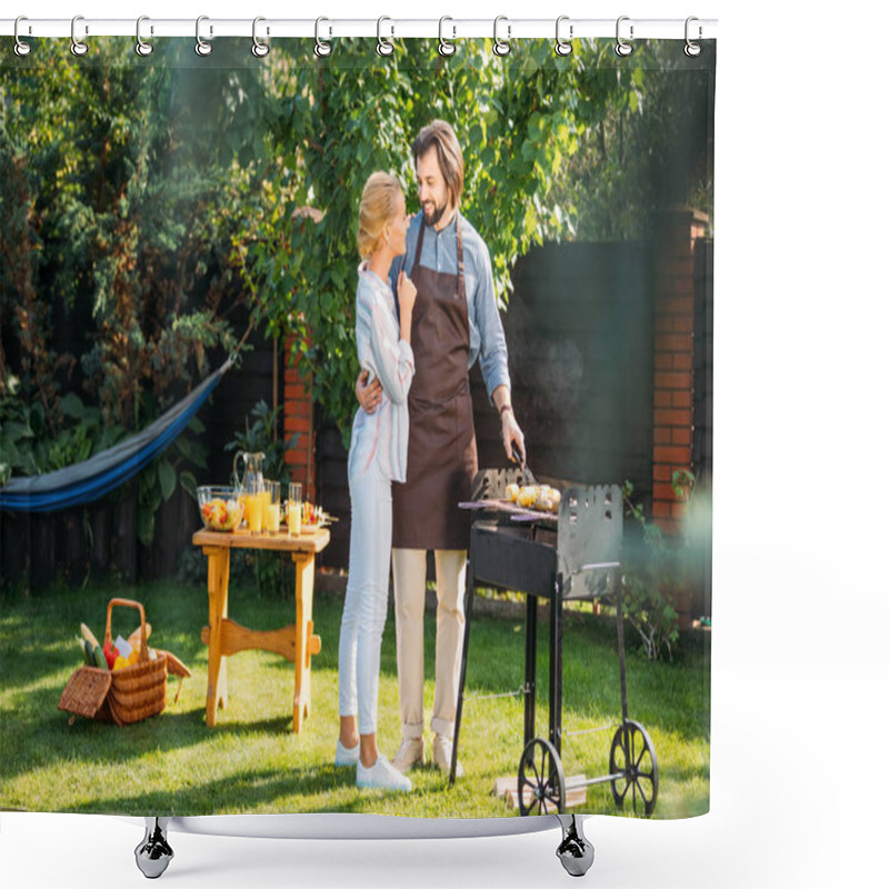 Personality  Smiling Couple Having Barbecue On Backyard On Summer Day Shower Curtains