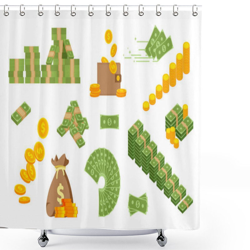 Personality  Big Set Of Green Banknotes And Gold Coins. Dollar Bill Piles, Bundles, Stacks And Heaps. Banknote Fan. Vector Illustration In Trendy Flat Style. Shower Curtains