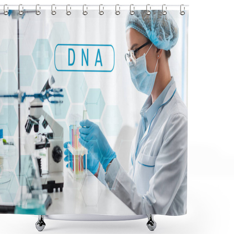 Personality  Side View Of Scientist Holding Test Tube And Sitting Near Dna Illustration  Shower Curtains