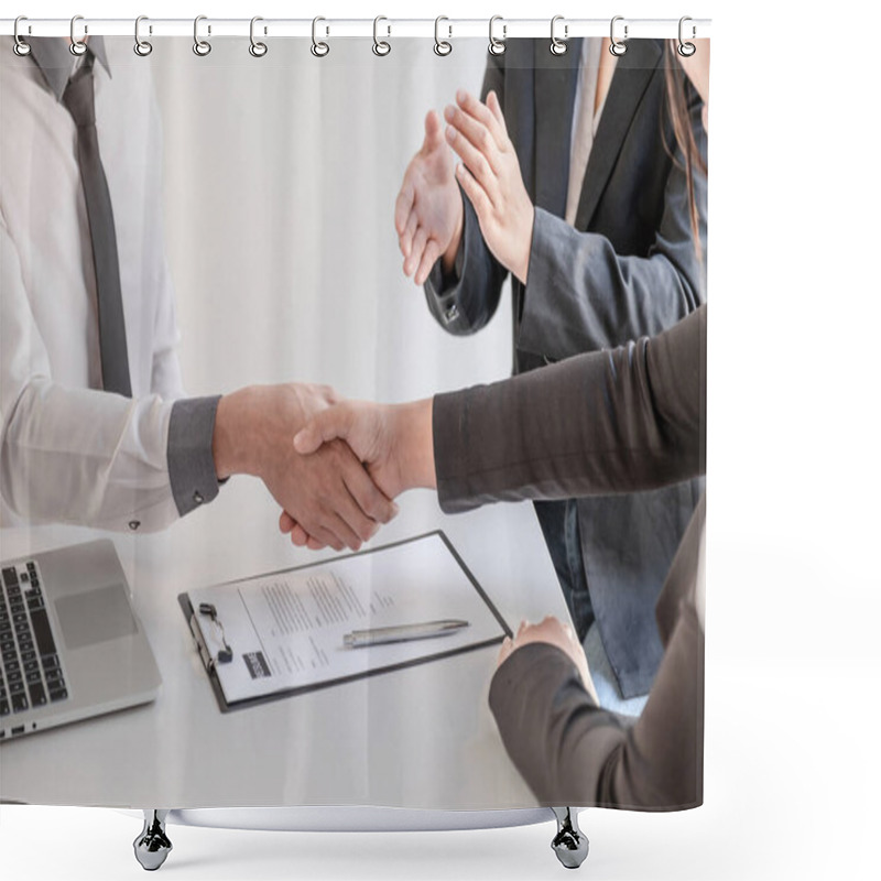 Personality  Shaking Hands And Clap After Office Executives Are Interviewing Job Applicants In The Meeting Room. Shower Curtains