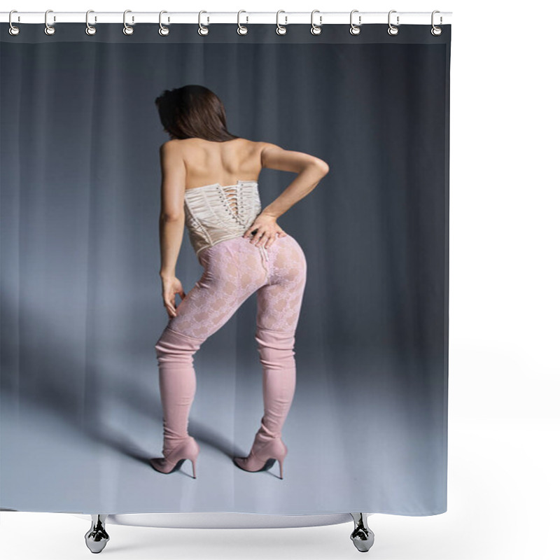 Personality  Young Woman With Wet Hair Struts Confidently In Pink Pants And Heels. Shower Curtains