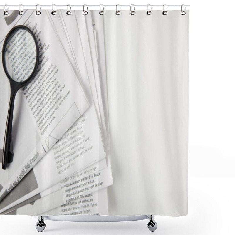 Personality  Top View Of Magnifying Glass And Newspapers On Grey, Information Concept  Shower Curtains