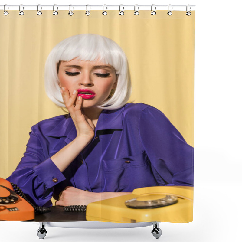 Personality  Sensual Woman In White Wig With Old Telephones Isolated On Yellow  Shower Curtains