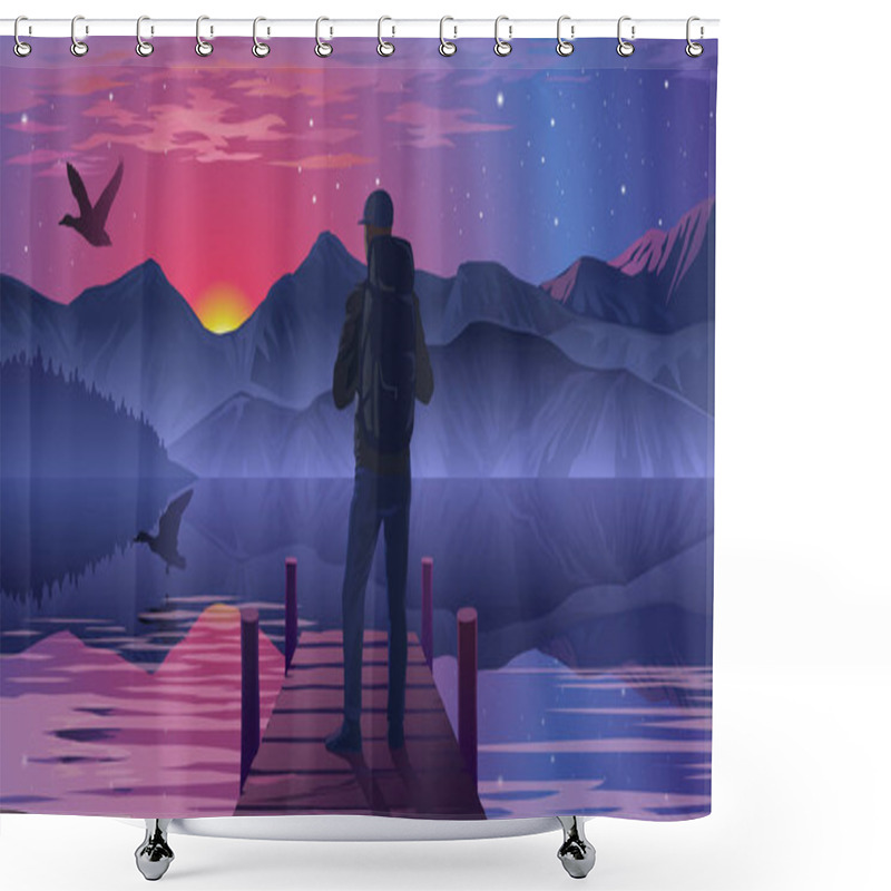 Personality  Man On The Pier Admiring The Sunset Shower Curtains