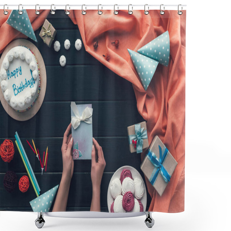 Personality  Woman Holding Postcard Shower Curtains