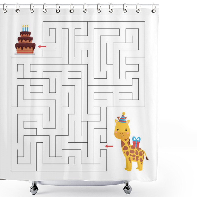 Personality  Birthday Maze Game For Children. Help The Giraffe Find Right Way To Cake. Cute Cartoon Character. Educational Printable Worksheet. Shower Curtains