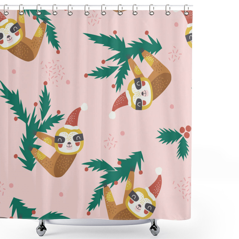 Personality  Merry Christmas Sloth Hanging On Fir Tree Branch Vector Seamless Pattern. Shower Curtains