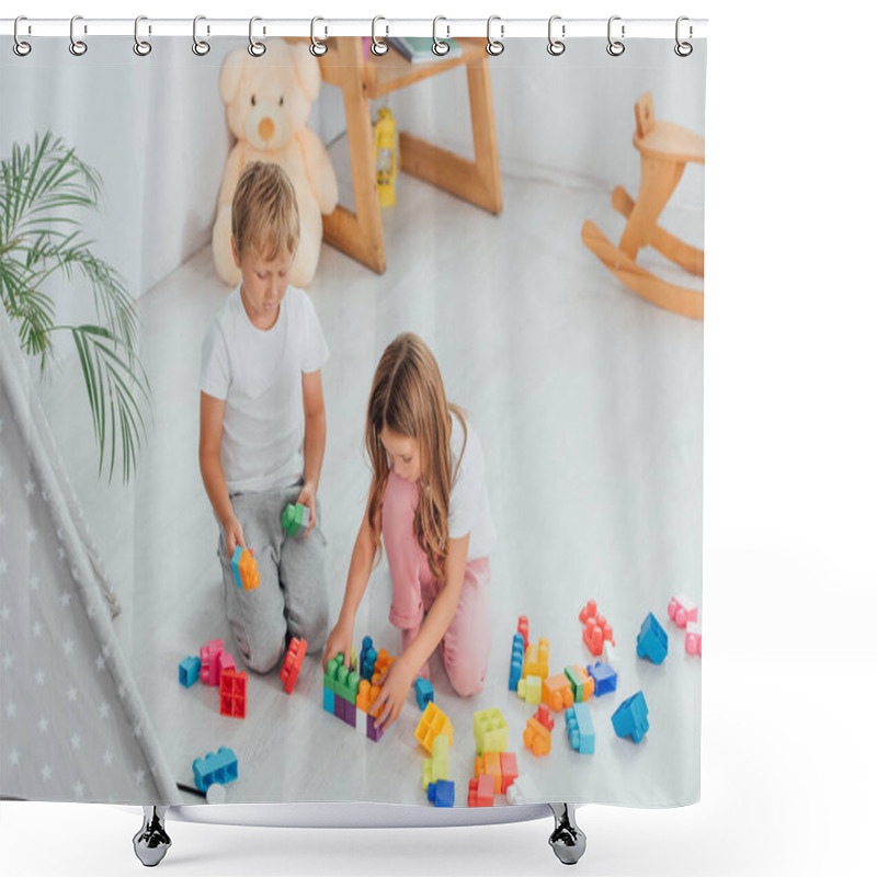 Personality  High Angle View Of Children Playing With Building Blocks While Sitting On Floor In Pajamas Shower Curtains