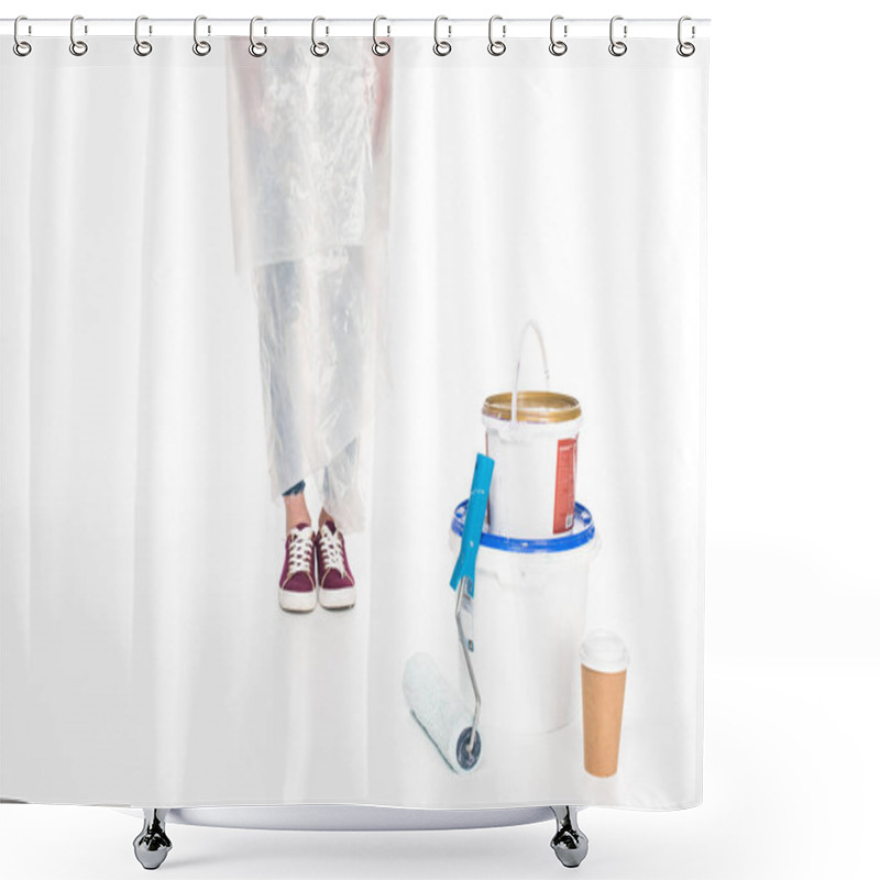 Personality  Cropped Image Of Woman In Polyethylene Cover Standing Near Paint Tins, Paint Roller And Paper Cup Of Coffee Isolated On White Background  Shower Curtains