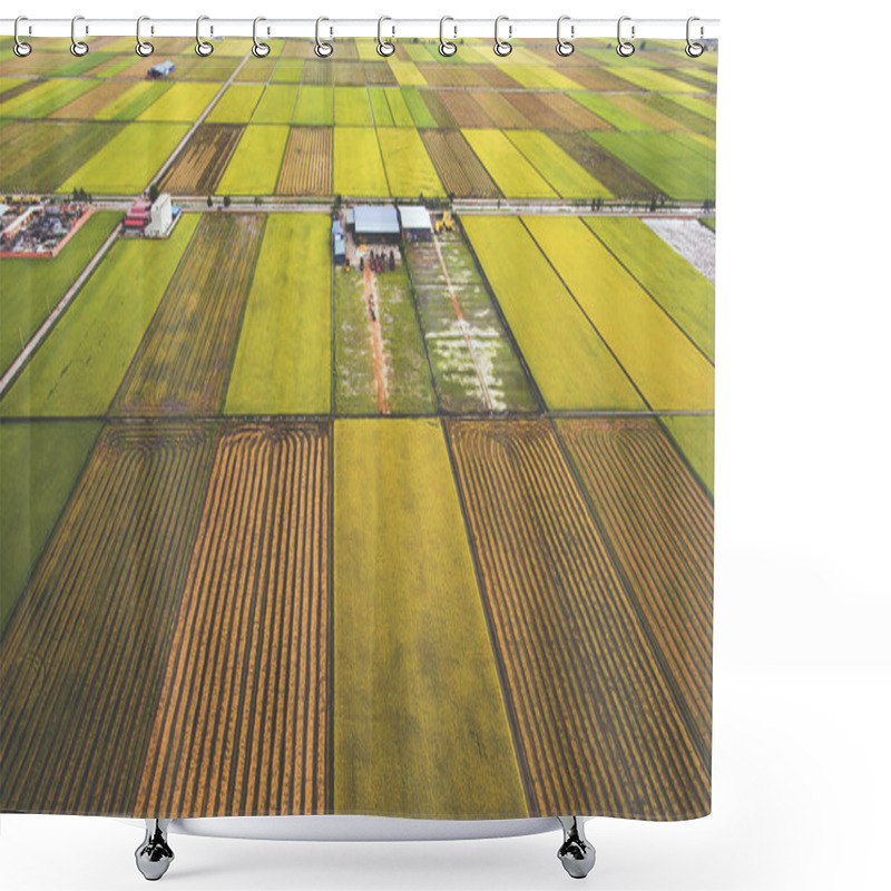 Personality  Aerial Photo From Flying Drone Of Farm Buildings In Countryside Near Green Fields With Sown Land With Grain. Shower Curtains