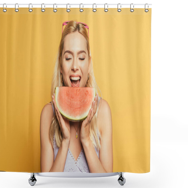 Personality  Beautiful, Blonde Girl With Closed Eyes Eating Juicy Watermelon On Yellow Background Shower Curtains