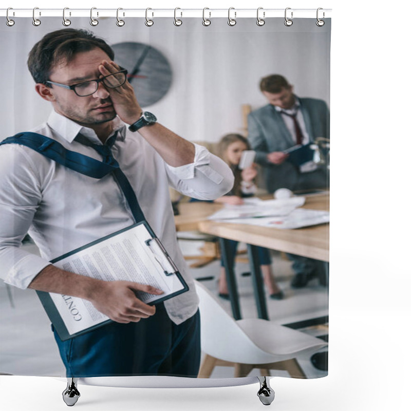 Personality  Untidy Overworked Businessman With Contract At Office Shower Curtains