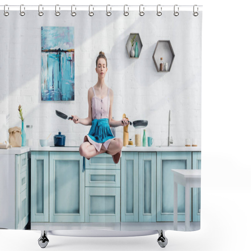 Personality  Young Woman Meditating In Air In Lotus Pose With Pans In Hands Shower Curtains