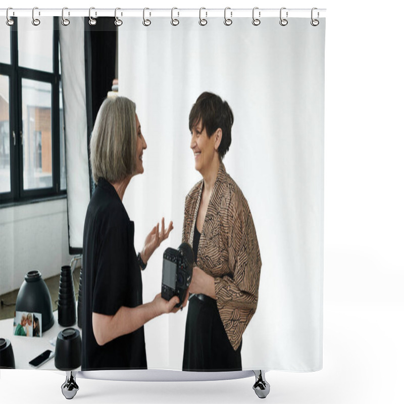 Personality  Middle-aged Lesbian Couple In A Photo Studio - One With A Camera, The Other Modeling - Engage In Conversation. Shower Curtains