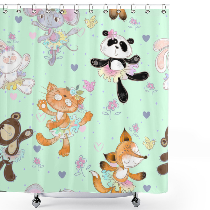 Personality  Seamless Pattern With Dancing Animals. Kitty Fox Mouse Bear And Bunny. Ballerinas. Vector Shower Curtains