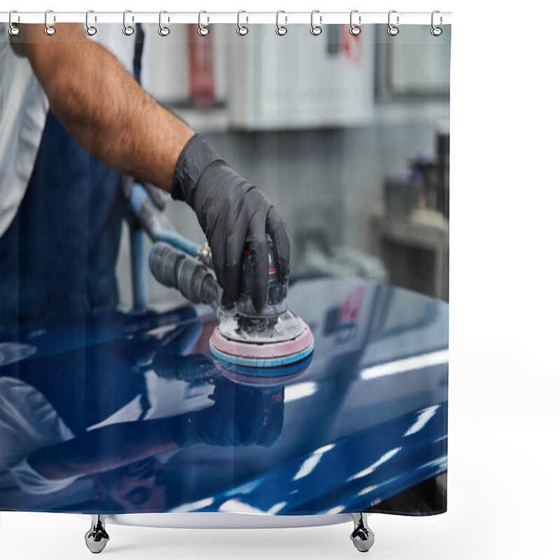 Personality  A Young, Handsome Mechanic Meticulously Works On Polishing A Cars Surface In A Bright Workshop. Shower Curtains