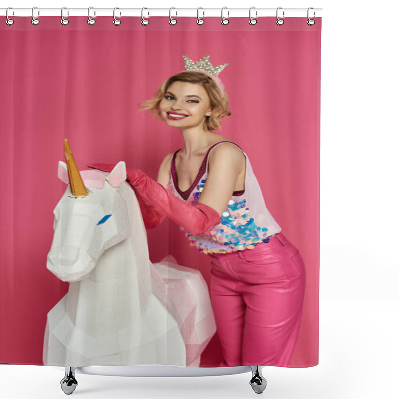 Personality  Woman In Pink Clothing And Crown Smiles By White Unicorn On Pink Background. Shower Curtains