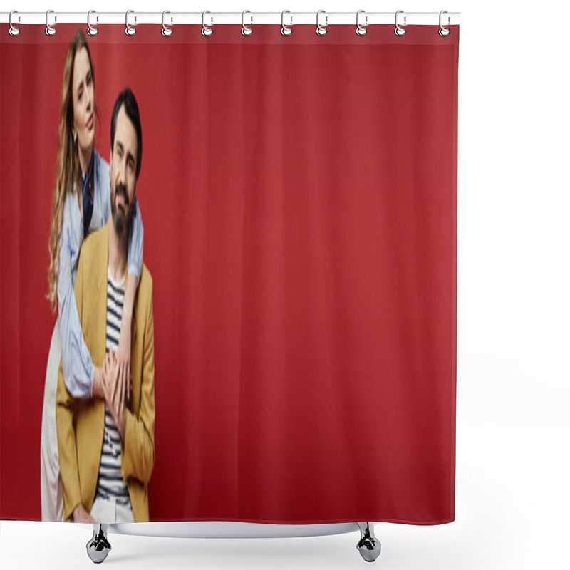 Personality  A Middle Aged Couple Enjoys A Playful Moment Together While Dressed In Stylish Clothing. Shower Curtains