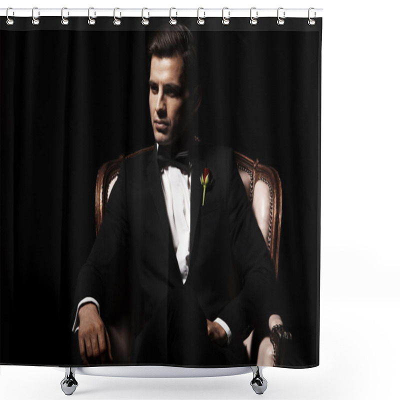 Personality  Portrait Of Man Who Sitting On Chair, Godfather-like Character. Shower Curtains