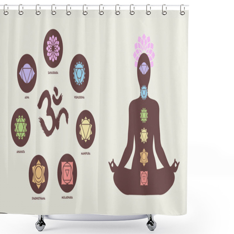 Personality  Chakra Icons With Human Silhouette Doing Yoga Pose Shower Curtains