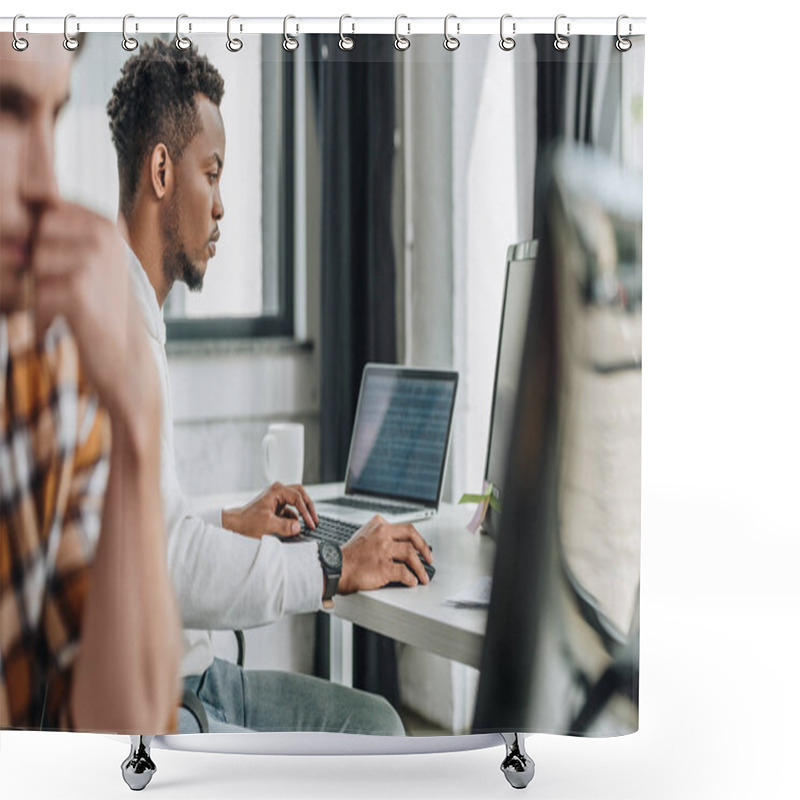 Personality  Young African American Programmer Working On Computer Near Colleague Shower Curtains