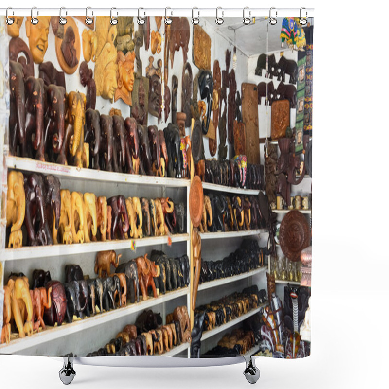 Personality  Sri Lankan Traditional Handcrafted Goods For Sale In A Shop At Pinnawala Elephant Orphanage, Sri Lanka Shower Curtains