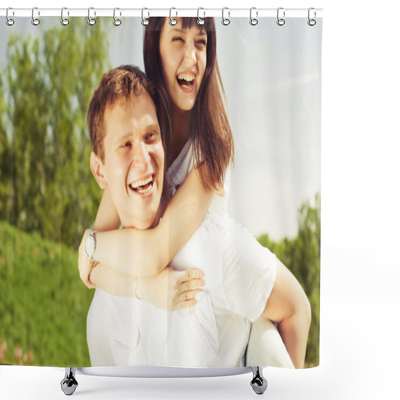 Personality  Beautiful Couple On A Date Walking At The Park Shower Curtains