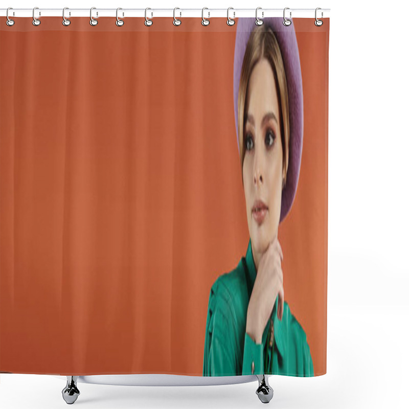 Personality  A Woman With A Stylish, Grungy Look Poses Against A Vibrant Orange Background. Shower Curtains